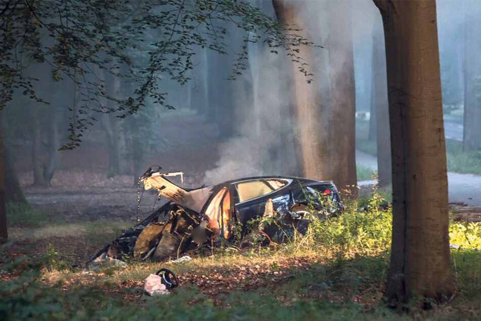 Ein brennendes Elektroauto im Wald - wird jetzt falsch reagiert, könnte sich der Brand schnell ausbreiten.