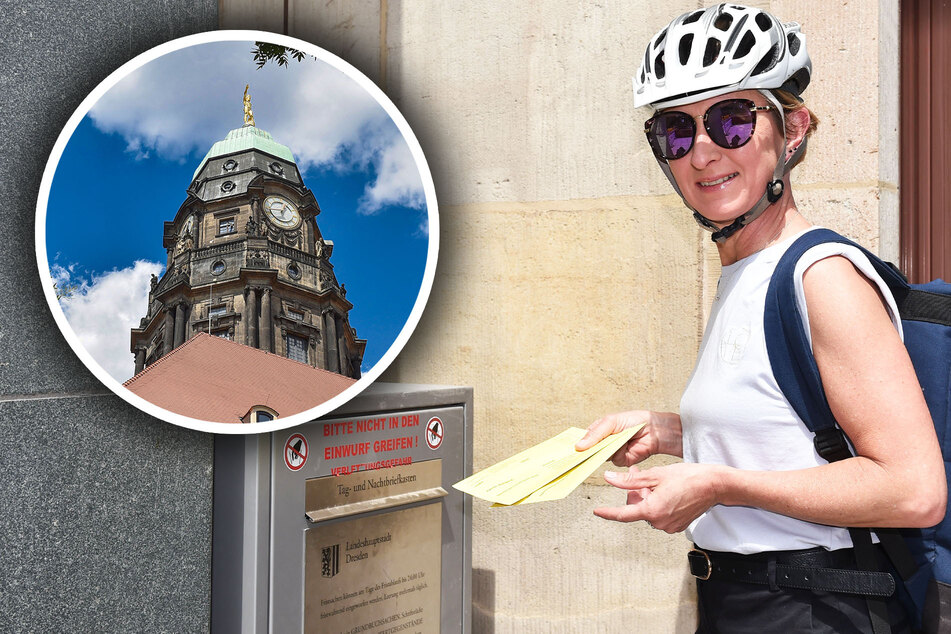 Mandy Kirchhof (47) nutzt den Postkasten am Rathaus-Haupteingang für die Briefwahl. Jede Stimme, die hier bis zum Wahlsonntag, 18 Uhr, eingeworfen wird, zählt.