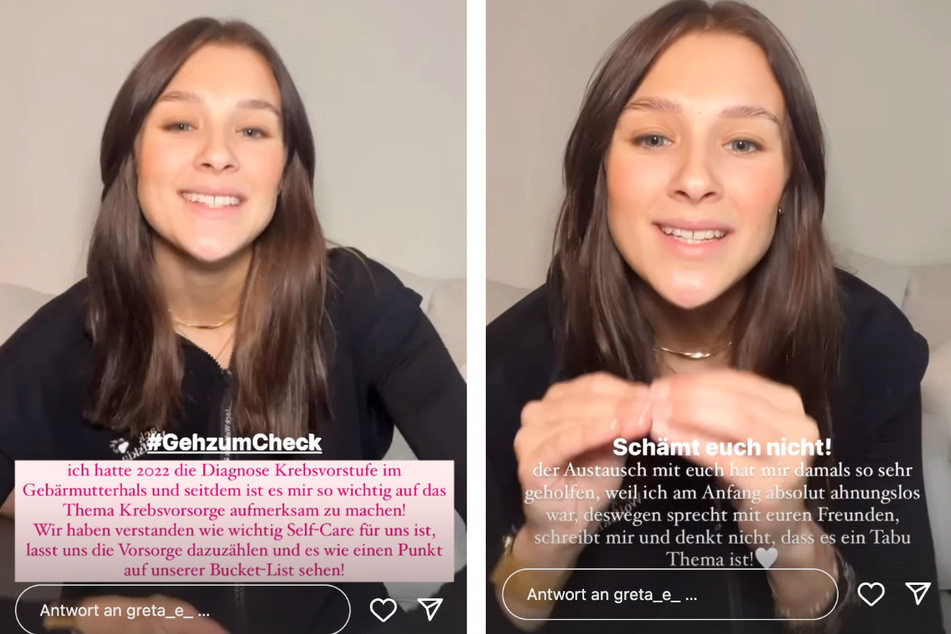 In ihren Instagram-Storys vom heutigen Montag ruft Greta Engelfried (24) zu Vorsorge-Untersuchungen wegen Gebärmutterhalskrebs durch humane Papillomviren auf und sagt: "Ihr müsst Euch nicht dafür schämen."