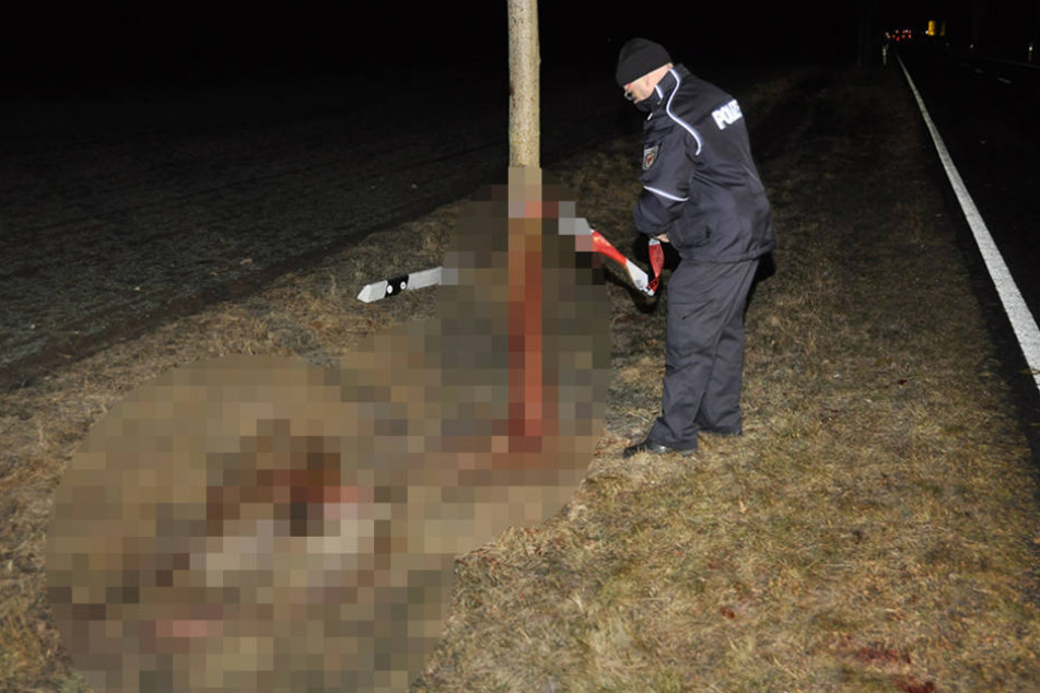 Ein Polizist sichert die Unfallstelle auf der B168 bei Liebrose.