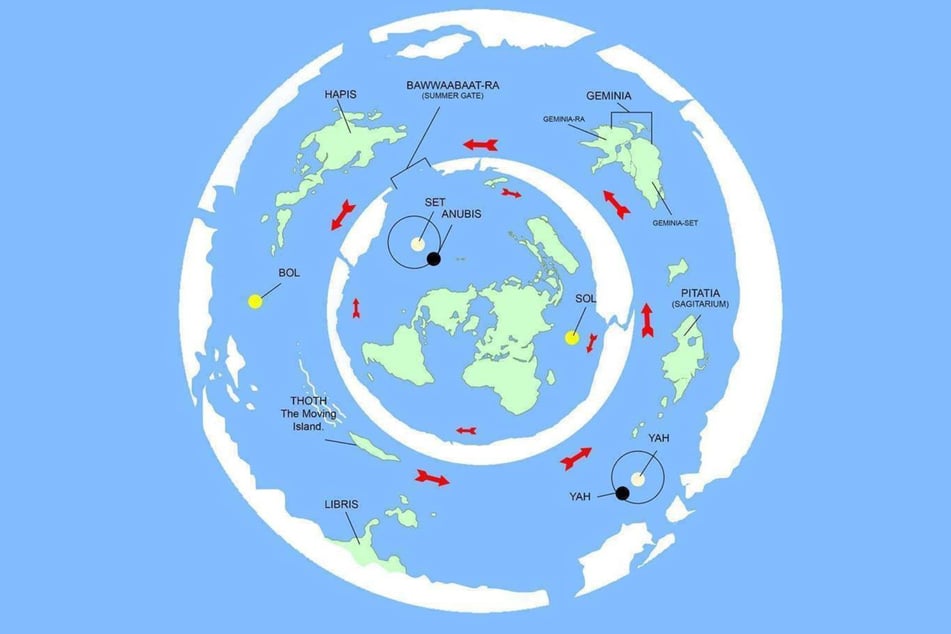 So stellen sich Dave und seine Mitstreiter die "echte" Welt vor. In der Mitte die "bekannten" Kontinente - am Rand die von der "antarktischen Eismauer" abgeschirmten "äußeren Länder".