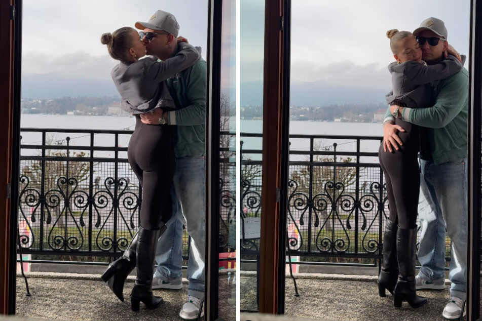Auf dem Balkon ihres Hotelzimmers in Luzern (Schweiz) können Laura und Pietro kaum die Finger voneinander lassen.