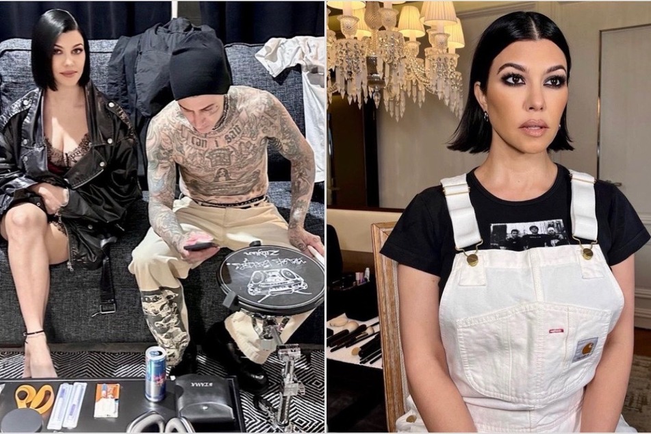 Rockstar vibes! Kourtney Kardashian (r) shared a glimpse into her tour life with Travis Barker on Saturday.