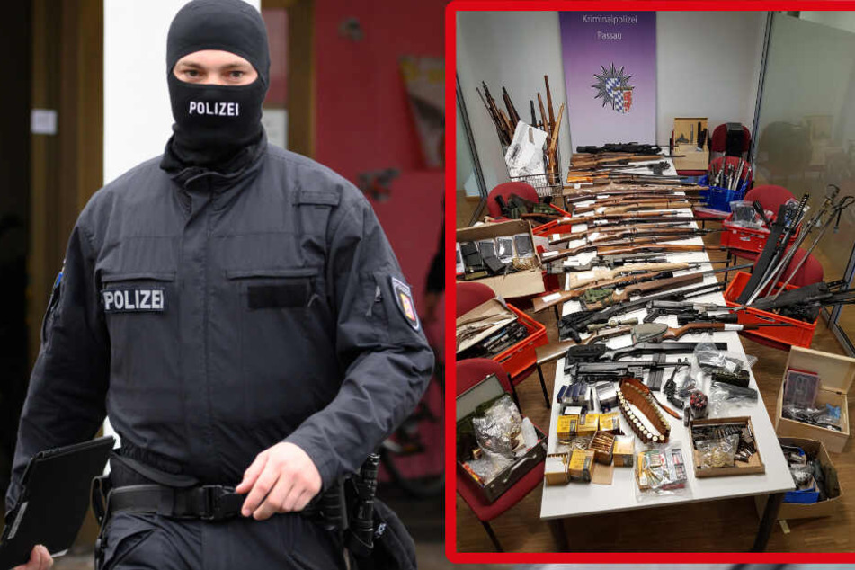 30 Gewehre, 15 Faustfeuerwaffen, rund 1000 Schuss Munition, dutzende Messer und Säbel, sowie kistenweise Ersatzteile, die zum Umbau von Schusswaffen geeignet sind, fand die Polizei bei dem Mann. (Bildmontage)