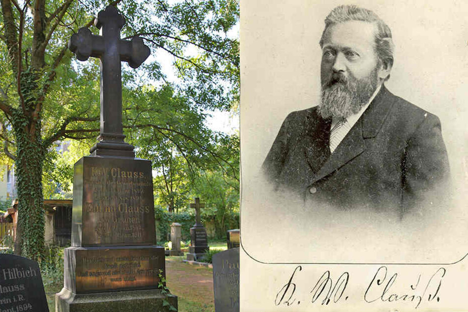 links: Die Grabstätte des berühmten Dresdners liegt auf dem Inneren Matthäusfriedhof in der Friedrichstadt. / rechts: Der Dresdner Karl Wilhelm Clauß (1829-1894) erfand das "Hitzefrei".