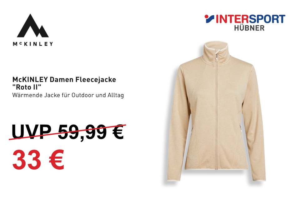 Die McKINLEY Damen Fleece-Jacke
für 33 statt 59,99 Euro.