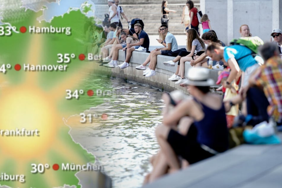 Menschen sitzen im Regierungsviertel im Schatten des Paul-Löbe-Hauses bei warmen Temperaturen am Spreeufer.
