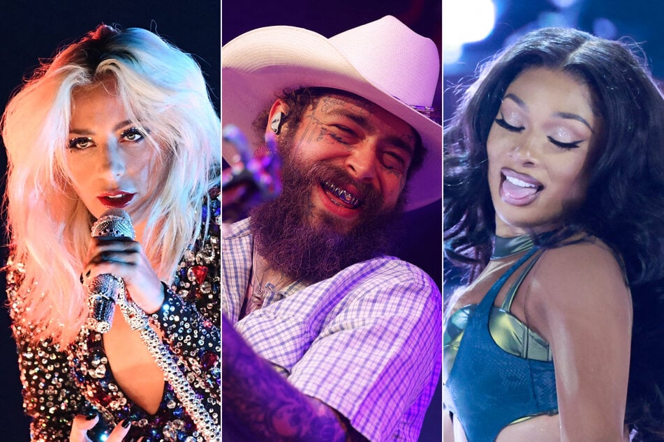 (From l. to r.) Lady Gaga, Post Malone, and Megan Thee Stallion were among the musicians revealed in the line-up for Coachella 2025 on Wednesday.