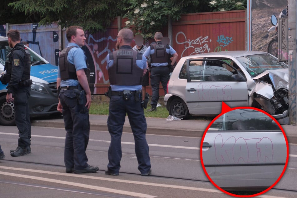 Leipzig: Schüsse bei Verfolgungsjagd in Leipzig: Das hat es mit dem "KAFA"-Gekritzel auf dem Fluchtauto auf sich