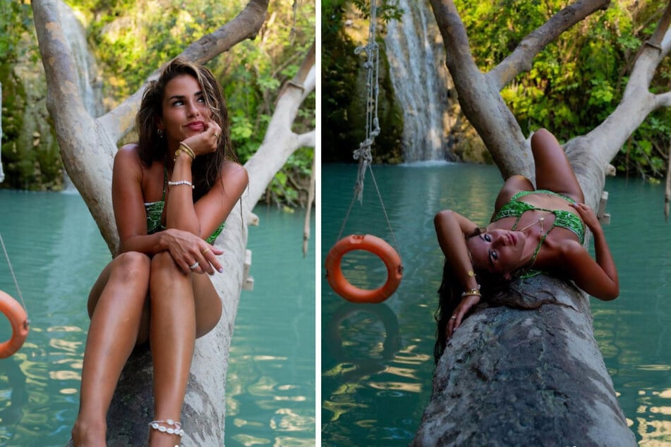 Sarah Engels (30) machte es sich im Zypern-Urlaub auf einem Baumstamm in traumhafter Kulisse gemütlich.