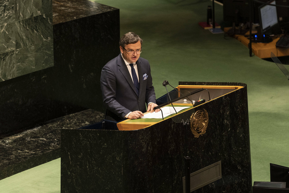 Ukraine Foreign Minister Dmytro Kuleba speaks during a UN General Assembly meeting, moments before Russian troops launched an invasion.