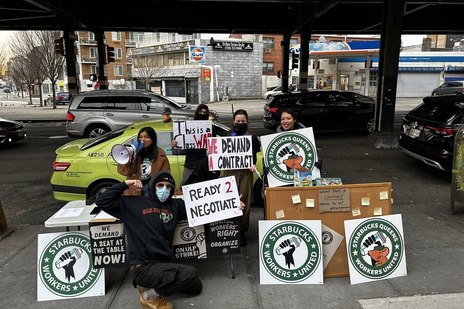 Starbucks workers at the Astoria Blvd. location in Queens, New York, strike for better wages and working conditions.