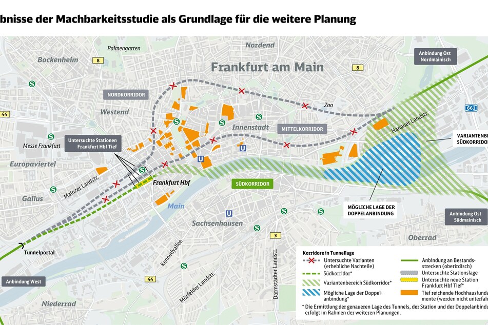 Die Skizze zeigt die Ergebnisse der jüngsten Machbarkeitsstudie, die als Grundlage für die weitere Planung des Fernbahntunnels gilt.