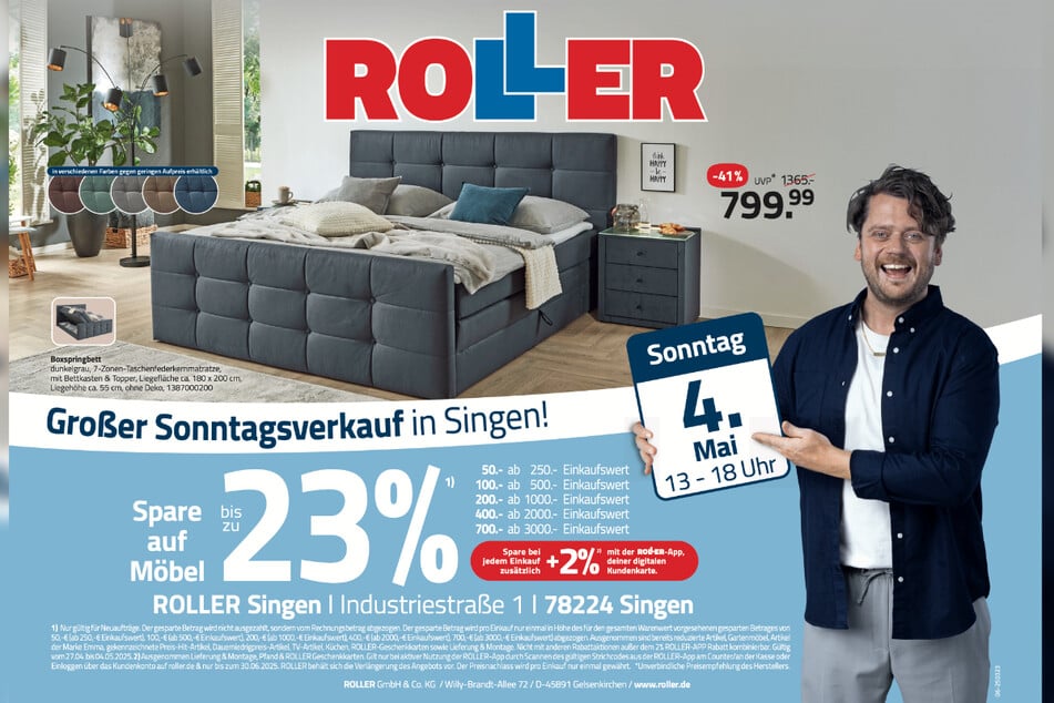 ROLLER in Singen überrascht on top mit Boxspringbetten, die 41 Prozent günstiger sind.