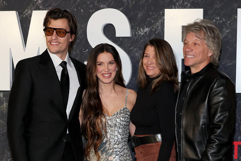 Millie Bobby Brown (second from l.) was joined by her fiancé, Jake Bongiovi (l.) and his parents, Dorothea Bongiovi (second from r.) and Jon Bon Jovi, at the New York premiere of Damsel.