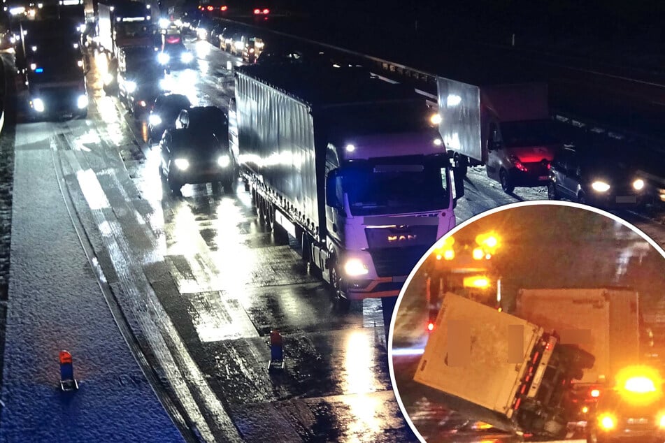 Glätte in der Nacht: Lastwagen kippt plötzlich auf der A9 um