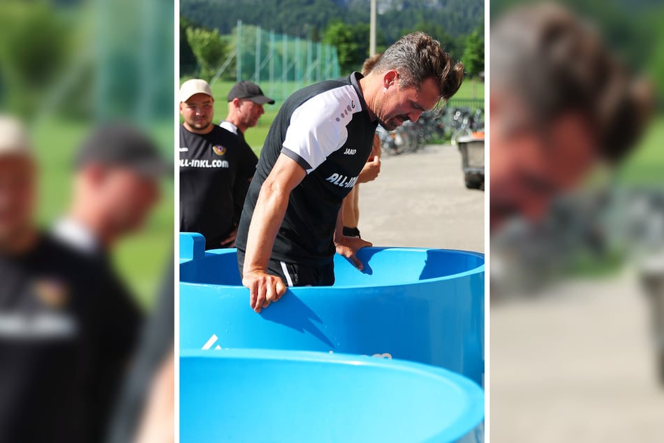 Thomas Stamm (42) und seine Mannen brauchten nach der ersten Einheit auf dem Platz eine ordentliche Abkühlung.