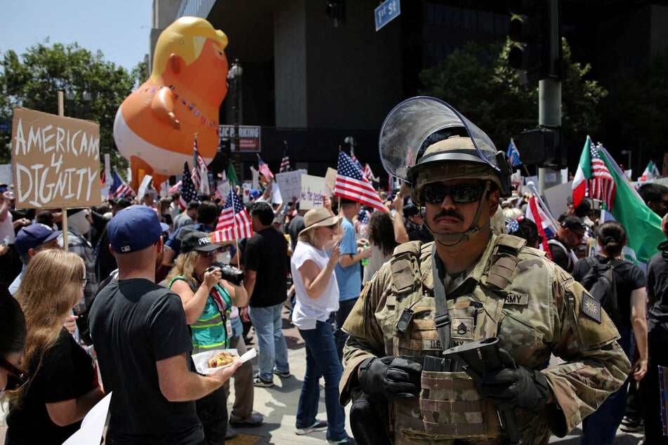 A member of the National Guard is pictured as demonstrators take part in the No Kings protest against President Donald Trump's policies in Los Angeles, California, on June 14, 2025.