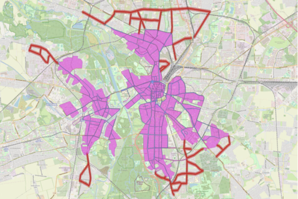 In den rot eingezeichneten Bereiche können die Fahrräder von Nextbike aktuell nicht abgegeben und ausgeliehen werden.