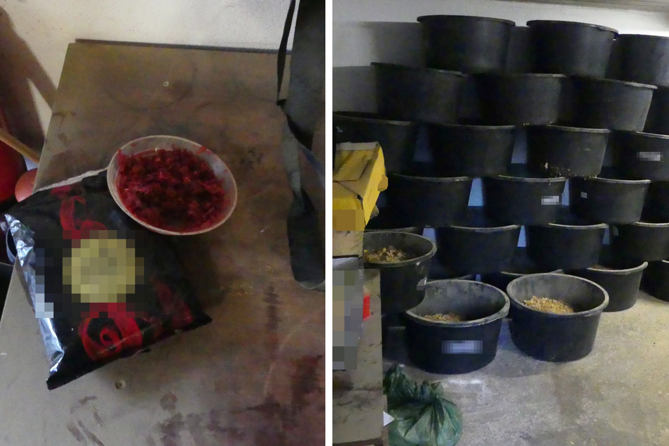 Das linke Bild zeigt den fertig hergestellten illegalen Shisha-Tabak samt gefälschter Verpackung. Rechts sind Bottiche zu sehen, in denen der Rauchtabak zur Herstellung gelagert wurde.