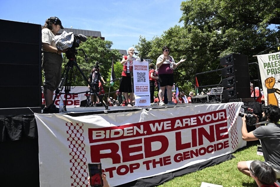 Dr. Jill Stein speaks in support of Palestinian liberation at the People's Red Line rally in front of the White House.