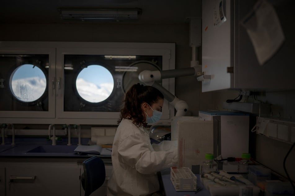 Belgian toxicologist Laura Pirard works on biopsy samples of polar bear adipose tissue in a laboratory onboard the science icebreaker vessel Kronprins Haakon while sailing in eastern Spitzbergen.