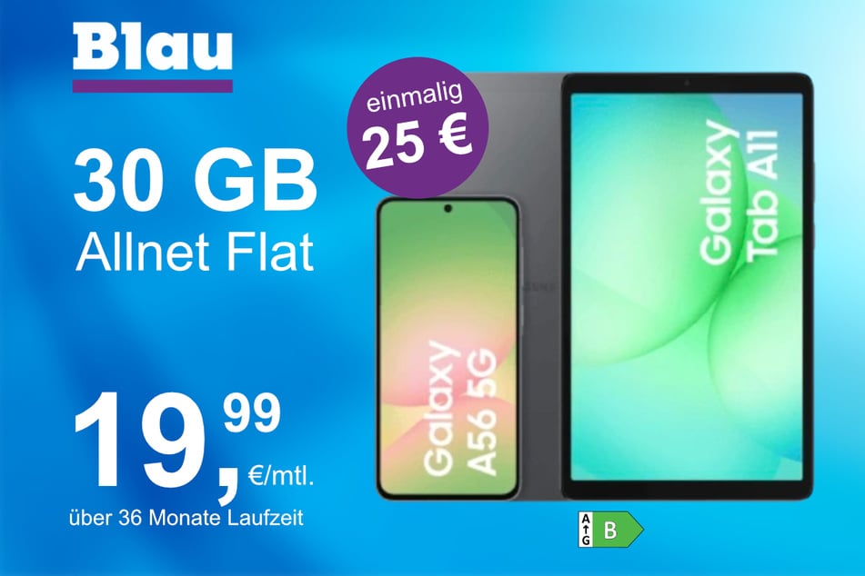 Das Samsung Galaxy A56 + Tab A11 im Blau Allnet L für einmalig 25 Euro.