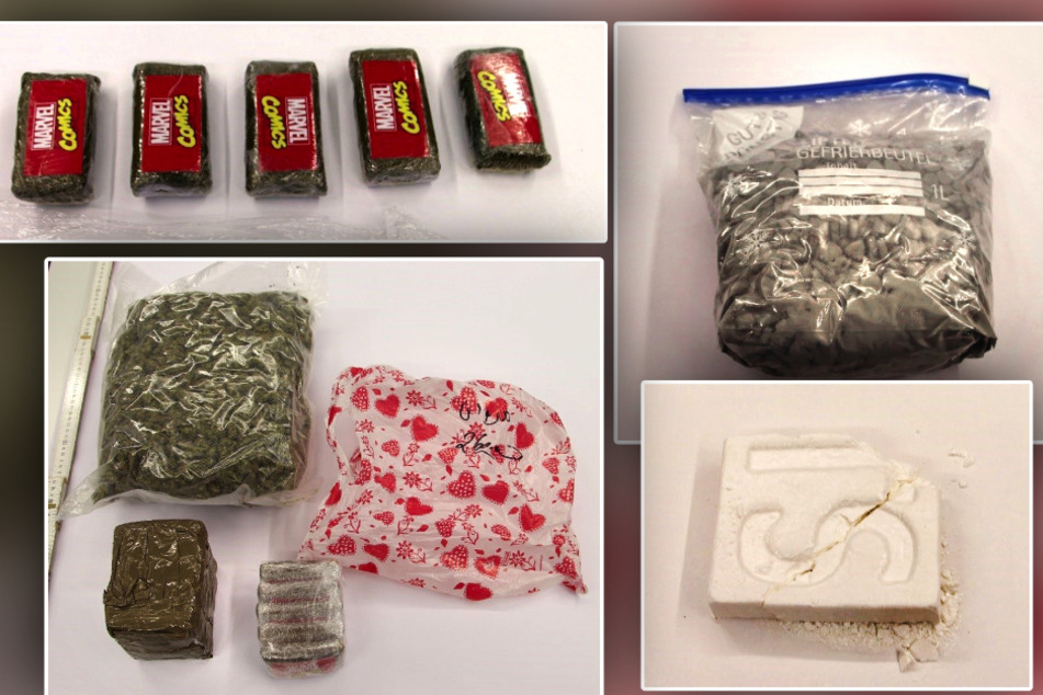 Diese Drogen stellte die Polizei am gestrigen Montag sicher: Marihuana, Kokain (unten rechts) und hochgefährliche XTC-Tabletten (oben rechts).