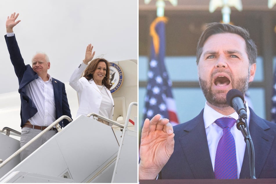 On Wednesday, Republican vice presidential nominee JD Vance (r.) tried to confront Vice President Kamala Harris (c.) at an airport in Michigan.