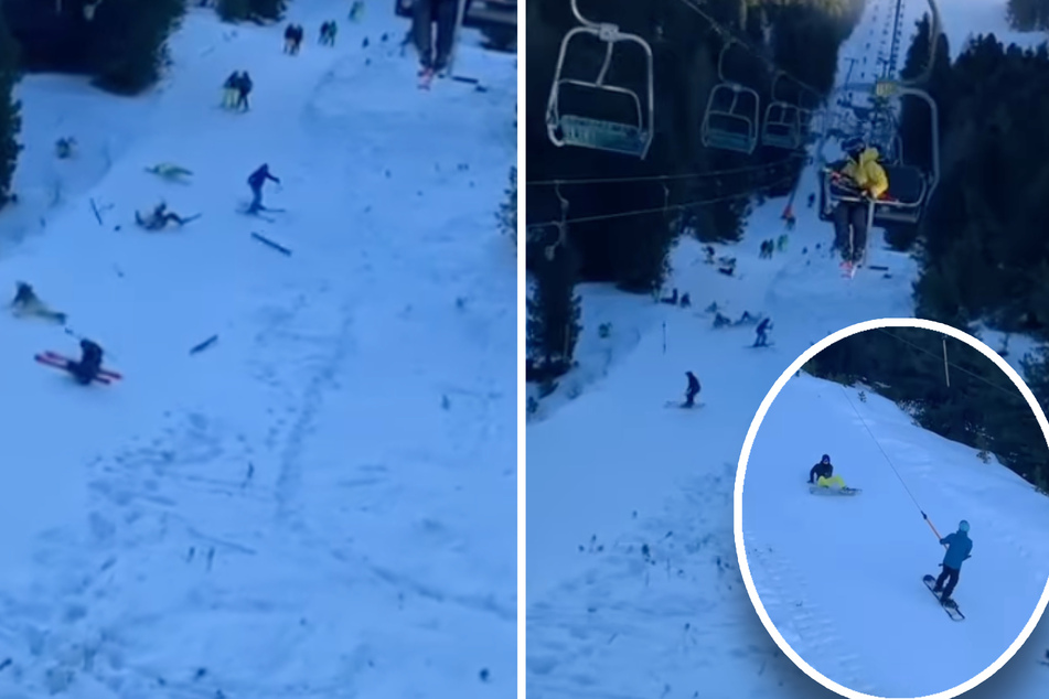 Snowboarder fällt aus Lift und räumt ganzen Hang ab, vier Personen verletzt