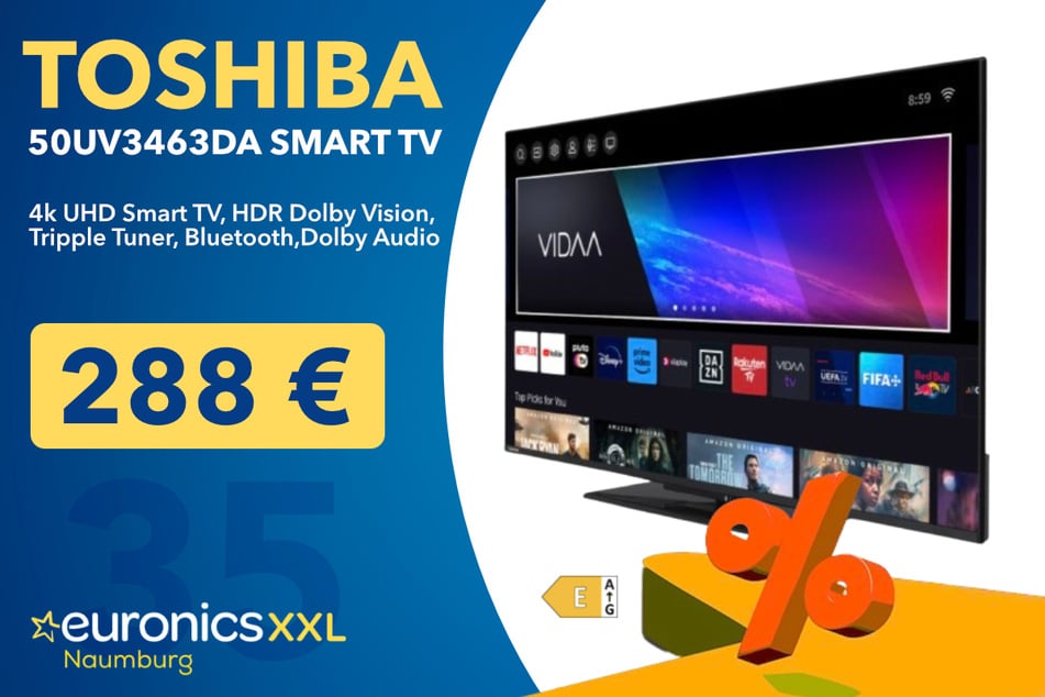 Der 50-Zoll Toshiba 50UV3463DA LCD-TV mit LED-Technik für 288 Euro.