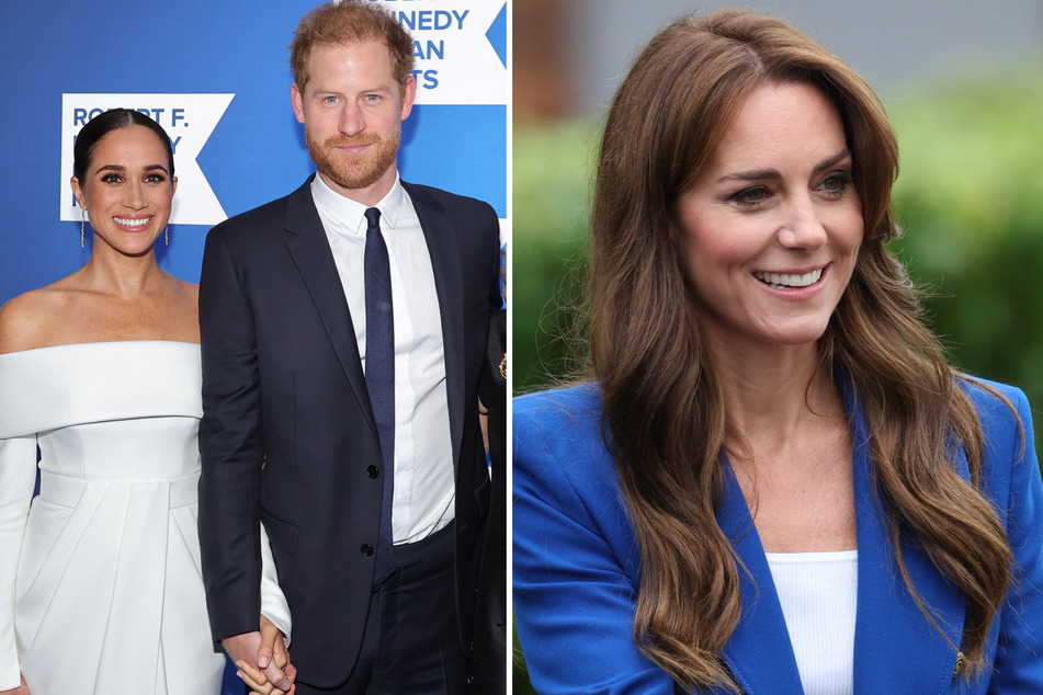 Prince Harry (c.) and Meghan Markle (l.) have sent their well-wishes to Kate Middleton, who revealed her cancer diagnosis on Friday.