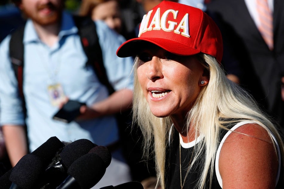 Marjorie Taylor Greene speaks at a news conference at the US Capitol Building on May 01, 2024 in Washington, DC.