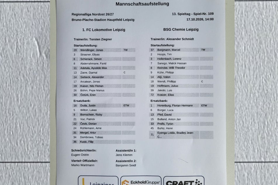 Die Aufstellungen der Partie Lok Leipzig gegen Chemie Leipzig.