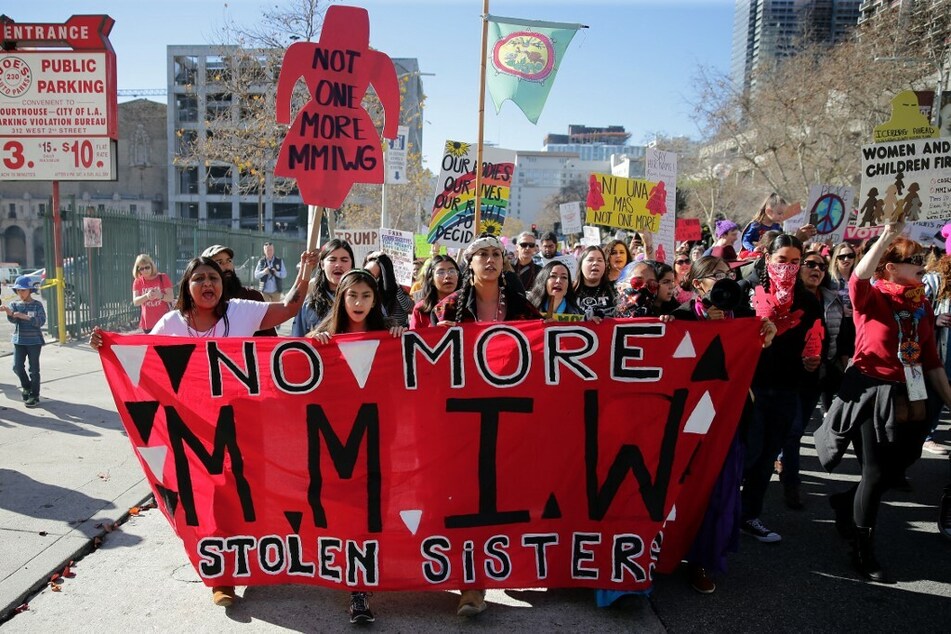Activists march for Missing and Murdered Indigenous Women at the Los Angeles Women's March in 2019.
