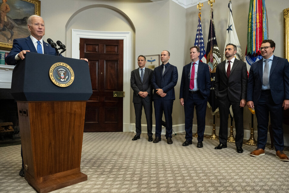 President Joe Biden (l.) spoke about artificial intelligence at a White House meeting last week with (2nd l. to r.) Adam Selipsky, CEO of Amazon Web Services; Greg Brockman, President of OpenAI; Nick Clegg, President of Meta; Mustafa Suleyman, CEO of Inflection AI; and Dario Amodei, CEO of Anthropic.