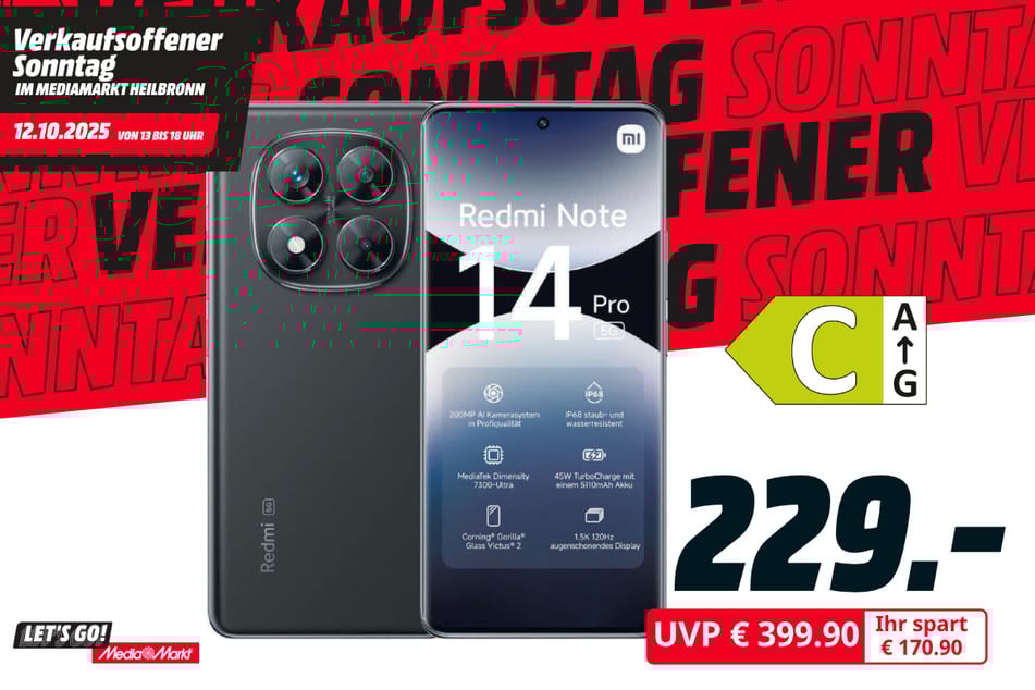 Xiaomi Redmi Note 14 Pro 5G (256 GB) für 229 statt 399,90 Euro.