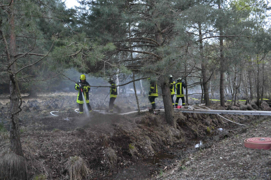 Die Wehren kämpfen gegen die (fast) unsichtbare Brandgefahr im Moor. Dabei wurde viel Wasser benötigt.