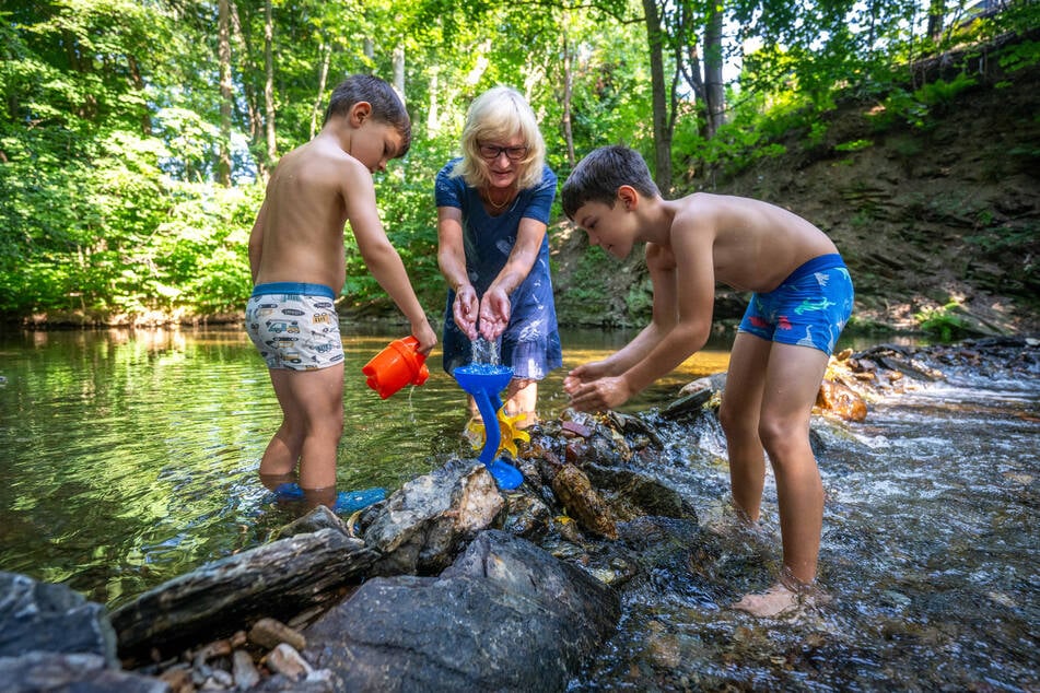 Karin (66) und ihre Enkel Jonathan (5, l.) und Theo (9) lieben die Badestelle im Wasserwerkspark Altchemnitz.