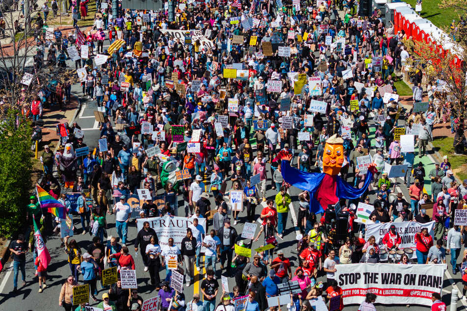 An aerial view shows people marching near the Georgia state Capitol building during the "No Kings" national day of protest in Atlanta, Georgia, on Saturday.