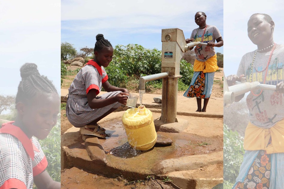 Hannah Meitiaki (14) aus Kenia freut sich über die neue Zapfstelle für sauberes Trinkwasser.