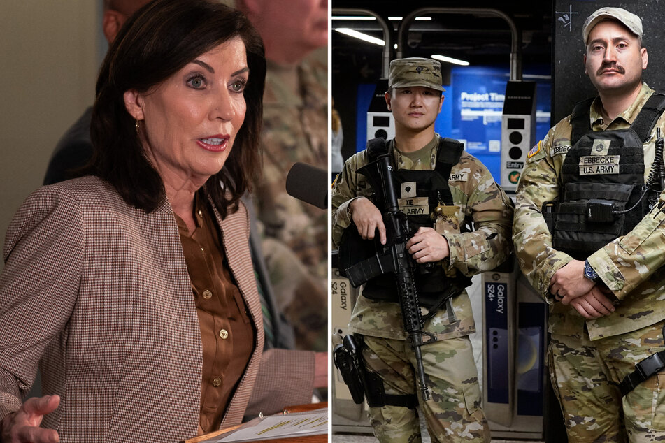 New York Governor Kathy Hochul (l.) defended the deployment of the National Guard on the subway in a new interview on Thursday.