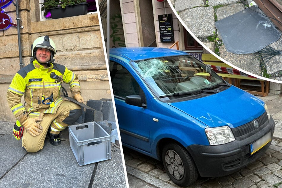 Dresden: Schock in der Neustadt: Dach-Schiefer fliegt herunter und zerschlägt Windschutzscheibe