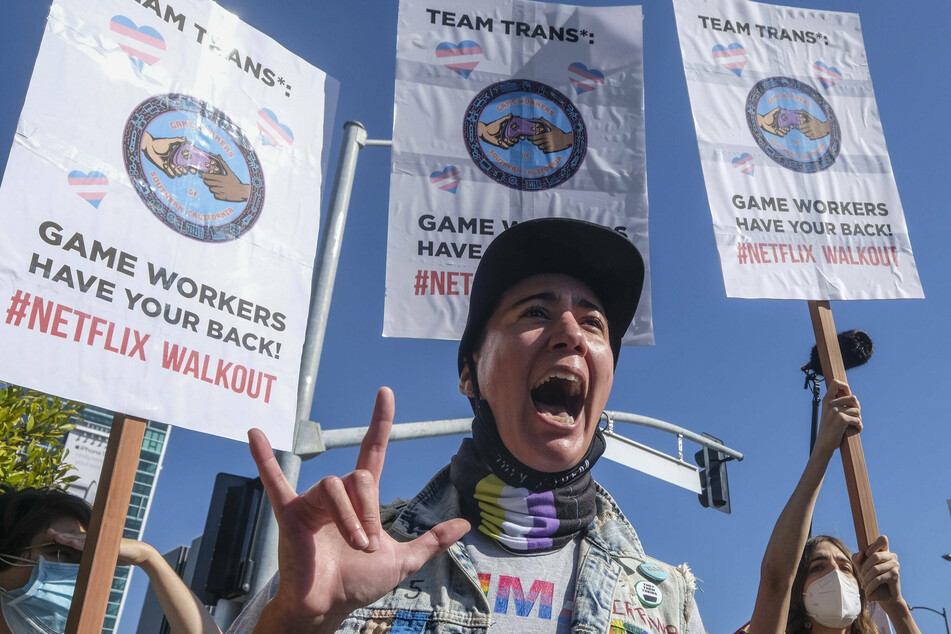 Netflix employees and allies protest outside of Netflix headquarters in Los Angeles.