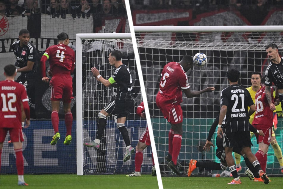Weder bei Van Dijks Kopfballtor (l.) noch bei Konatés Treffer zum 1:3 waren die Eintracht-Verteidiger nah genug am Mann.