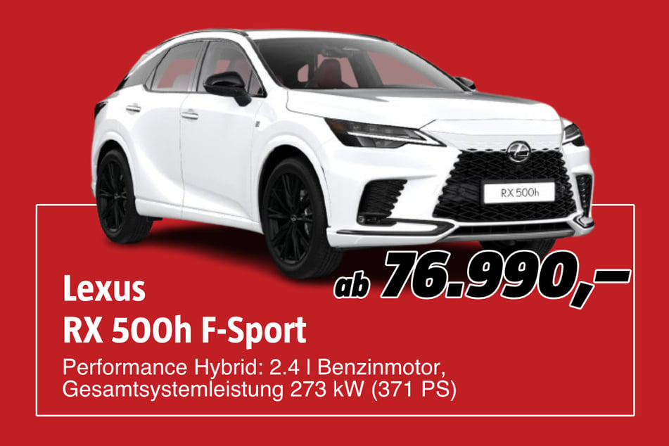 Lexus RX 500h F-Sport
ab 76.990 Euro. Abbildungen enthalten zum Teil aufpreispflichtige Sonderausstattungen. Nur solange der Vorrat reicht.