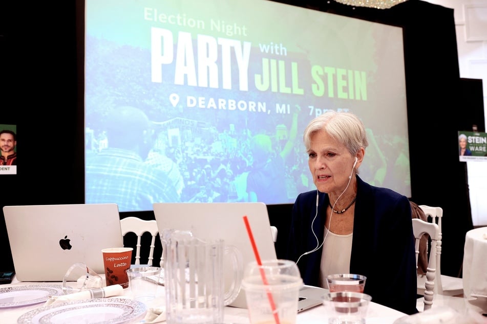 Green Party presidential candidate Jill Stein speaking during a video call at an election watch party at the Dearborn Banquet Hall in Dearborn, Michigan on November 5, 2024.