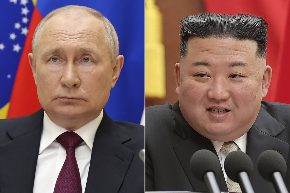 Wladimir Putin (70, l.), Präsident von Russland, während eines Treffens und Kim Jong Un (39, r.), Machthaber von Nordkorea, während einer Sitzung der regierenden Arbeiterpartei in ihrem Hauptquartier.