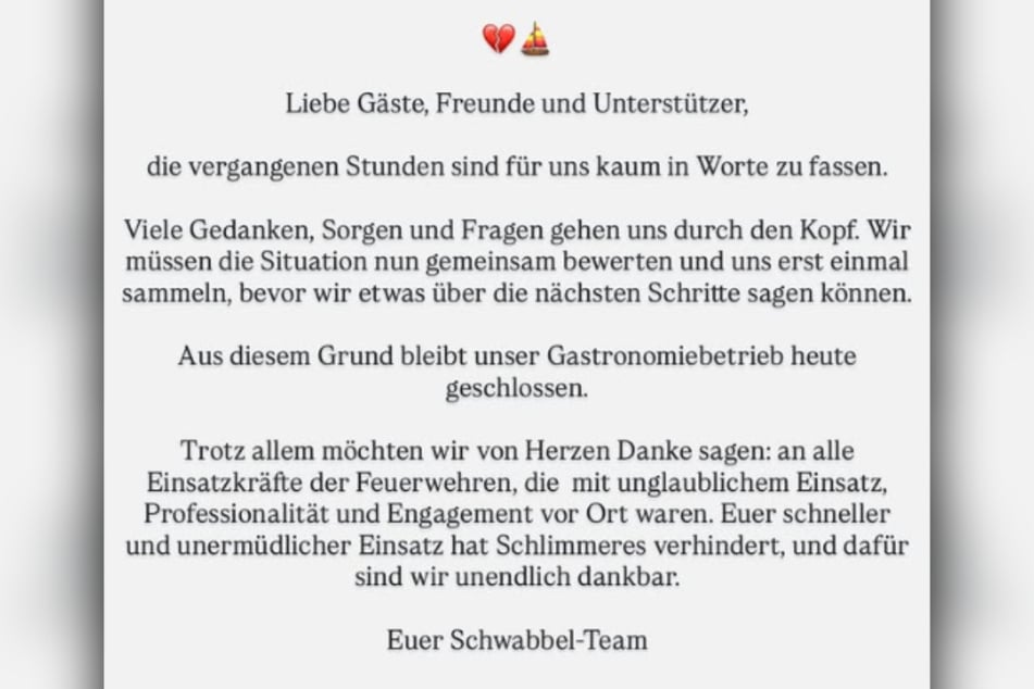 Die Betreiber waren nach dem Brand völlig schockiert und wandten sich in ihrer Instagram-Story an ihre Gäste.