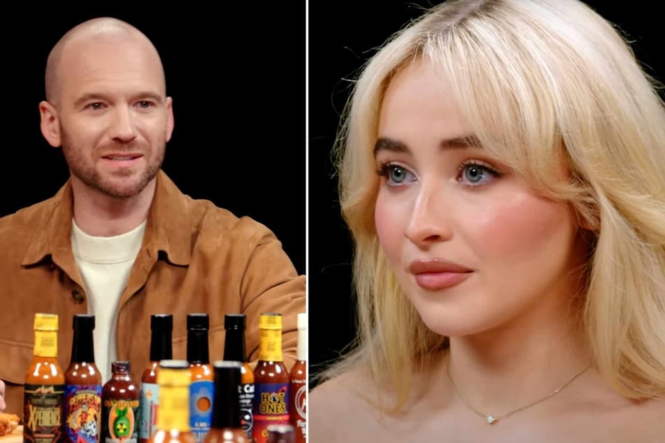 Sabrina Carpenter (r.) winged it on Thursday for an extra spicy Hot Ones interview with host Sean Evans (l.) in a chat about everything from the singer's new album to her love of The Beatles and more!